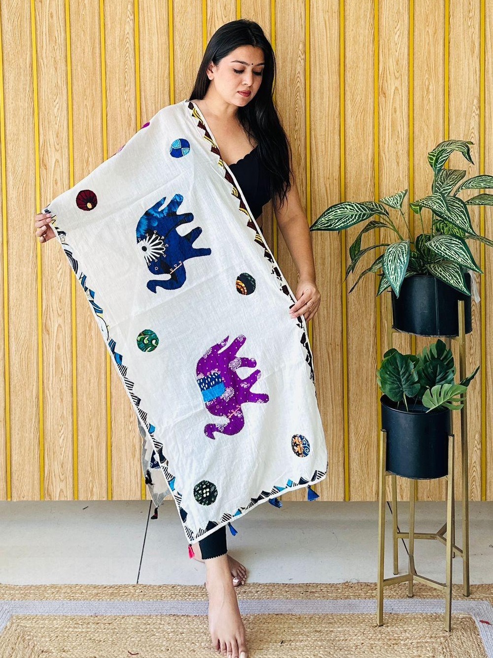 Decorative White Cotton appliqué shawl with Blue & Purple Elephant Motifs